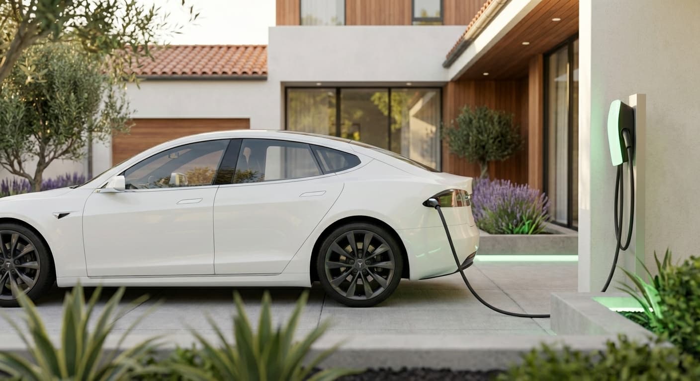Coche eléctrico blanco cargando en casa moderna