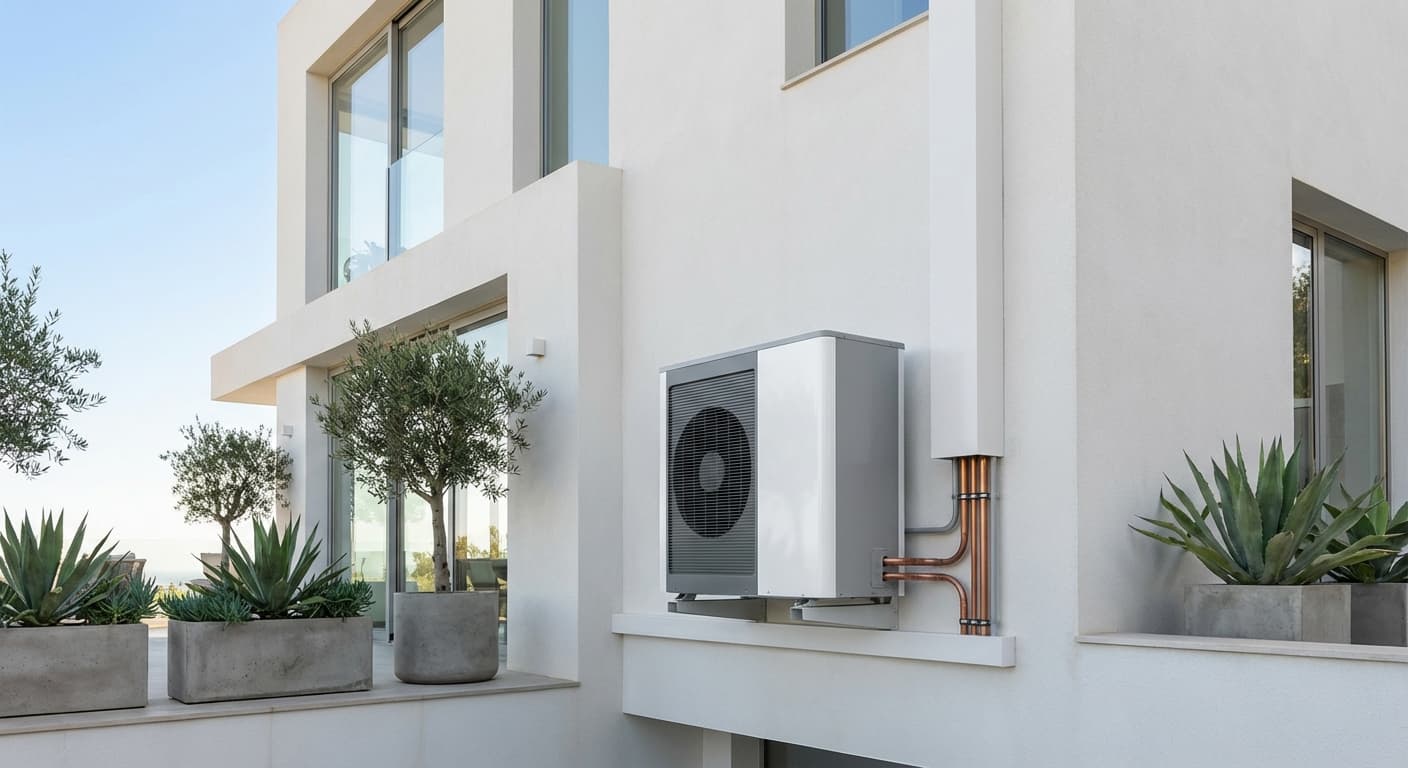 Bomba de calor moderna instalada en fachada de casa contemporánea