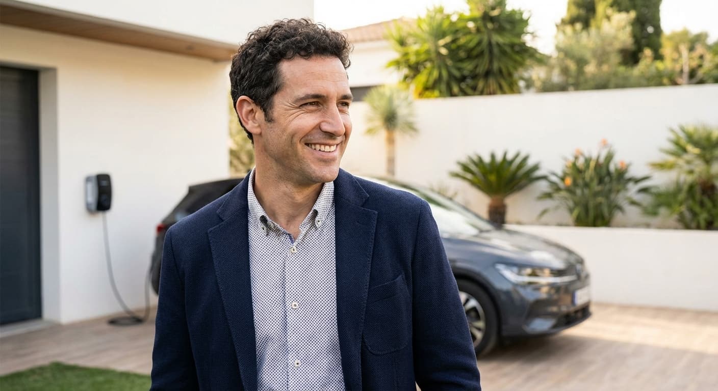 Hombre satisfecho junto a su coche eléctrico en casa moderna con cargador